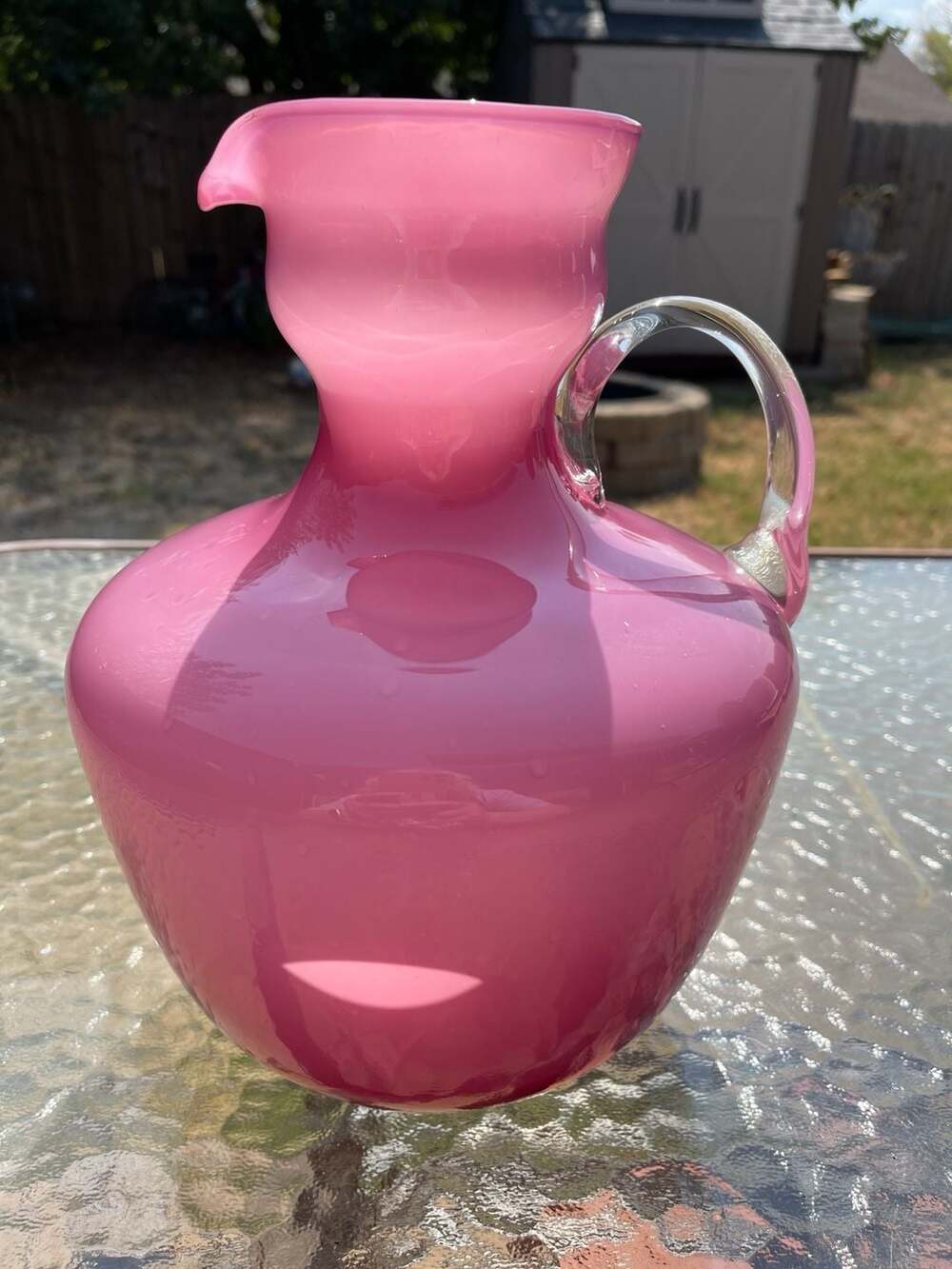 Empoli Art Glass Pink Opaline Pitcher Ruffled Rim Clear Applied Handle